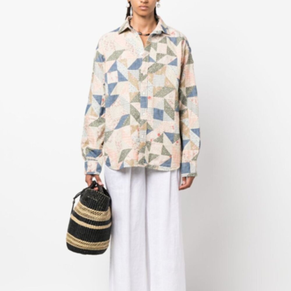 Ralph Lauren Women's Cotton Floral Patchwork Box Pleat Cotton Shirt